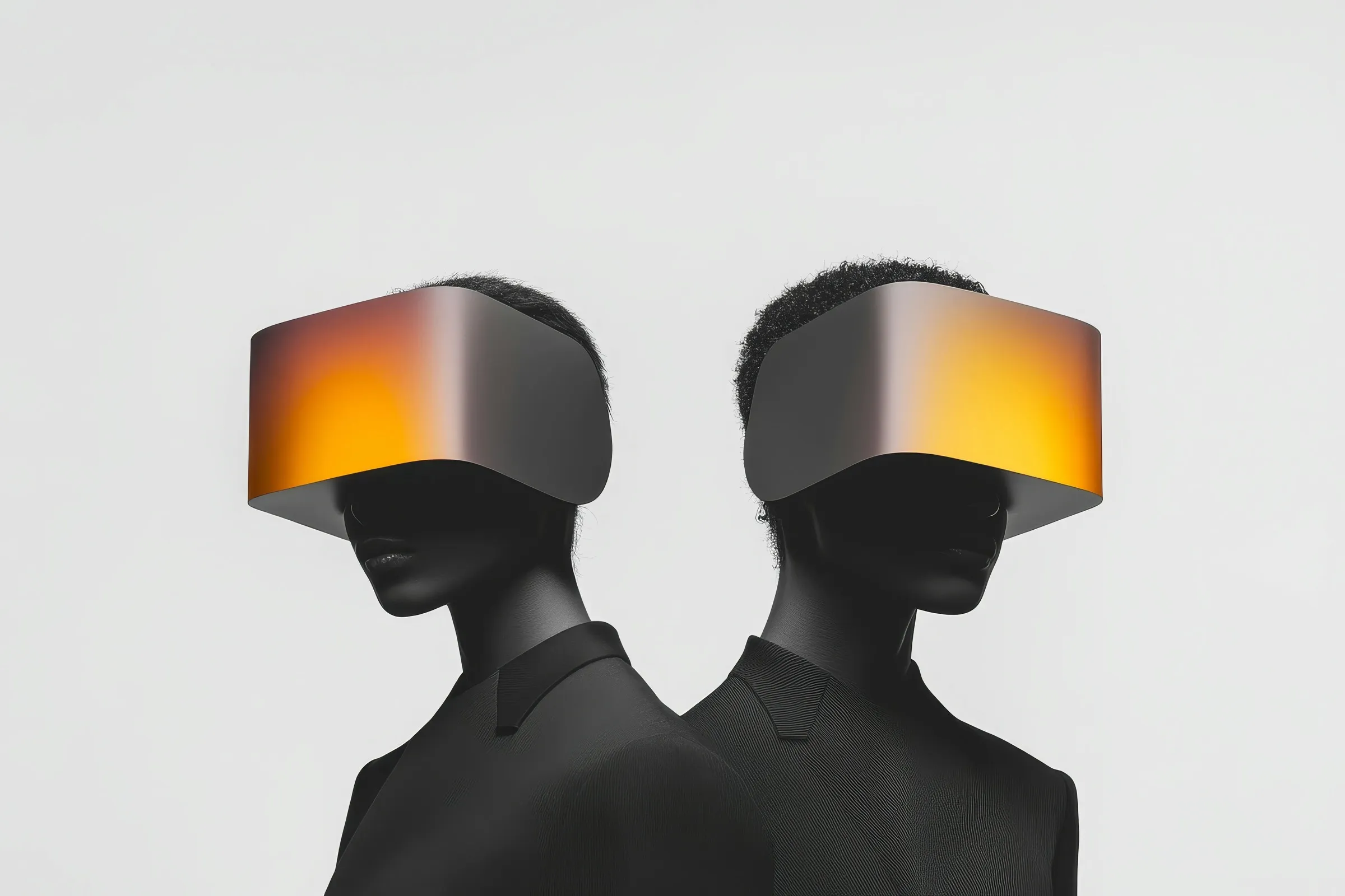 Two figures wearing chrome VR headsets